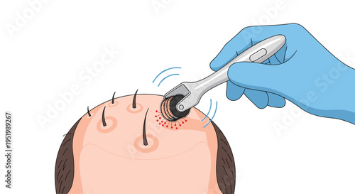 A gloved hand uses a derma roller on a person's scalp to stimulate hair growth.