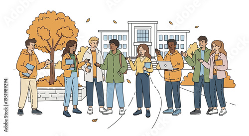 Colorful illustration of diverse students standing outside school building in autumn