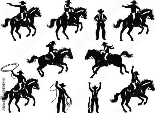 Cowboy silhouette collection with horse riding and western poses isolated on white background, black vector illustration set for rodeo and wild west design