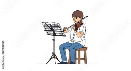 A young boy plays the violin while seated on a stool with a music stand in front of him against a plain white background.