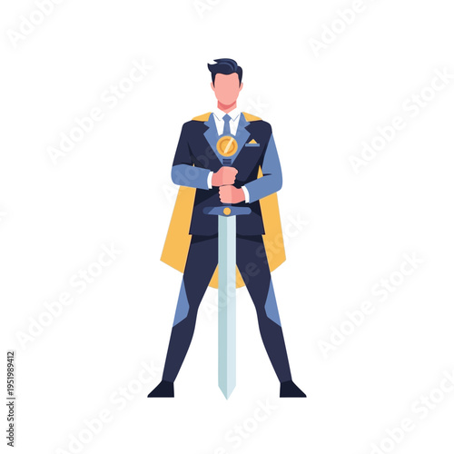 Superhero Businessman Holding Sword, Business Hero, Success, Power, Leadership, Achievement