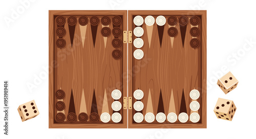 A wooden backgammon board is fully set with dark brown and white checkers, with two dice resting beside it.