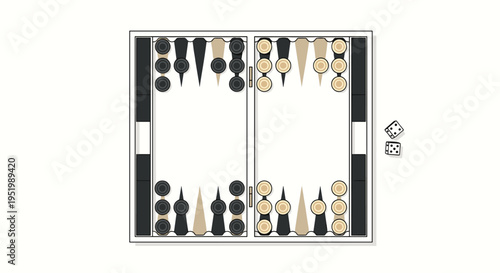An open backgammon board with black and beige checkers and two dice is displayed on a white surface.