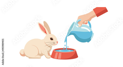 A light-colored rabbit sits next to a red bowl while a hand pours water from a pitcher into it.