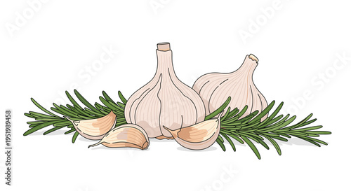 Two whole garlic bulbs and three cloves are arranged with fresh rosemary sprigs on a plain white surface.