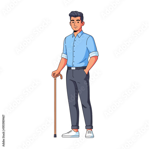 Young Man Standing with Cane, Casual Business Attire, Confident Pose