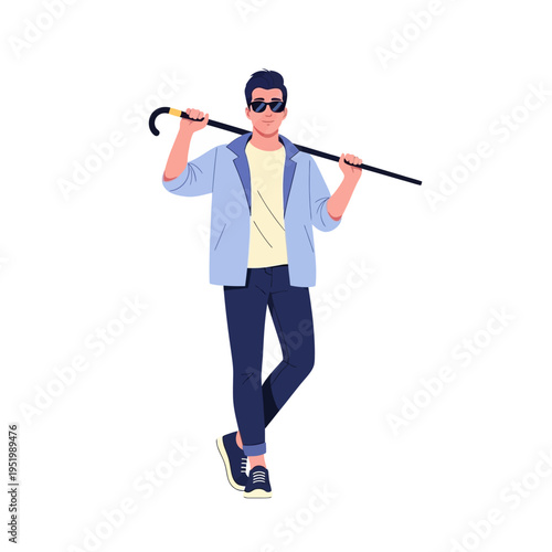 Young Man with Cane and Sunglasses, Casual Style, Isolated on White