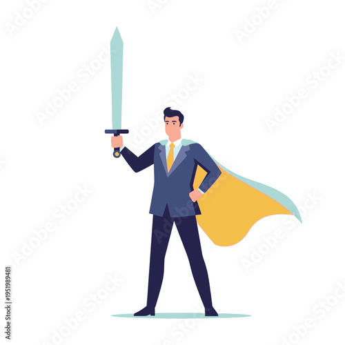 Business Superhero Man Holding Sword with Cape, Ready for Action