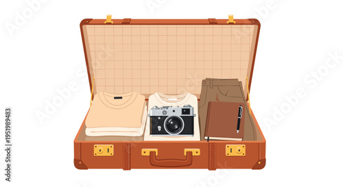 An open brown vintage-style suitcase, viewed from above, displays neatly folded beige clothing, a classic film camera, a brown notebook, and a pen.