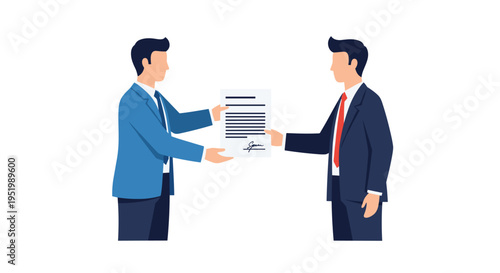 Two formally dressed men stand facing each other, exchanging a signed paper document on a white background.