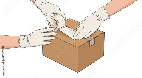 Two gloved hands apply clear adhesive tape to seal a brown cardboard box on a clean white background.