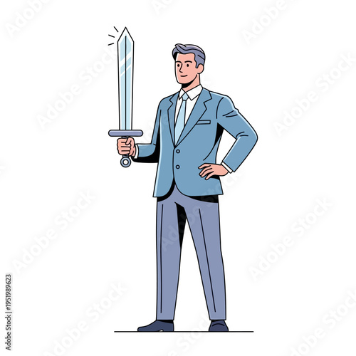 Businessman holding a sword, symbolizing leadership, power, and success in business.