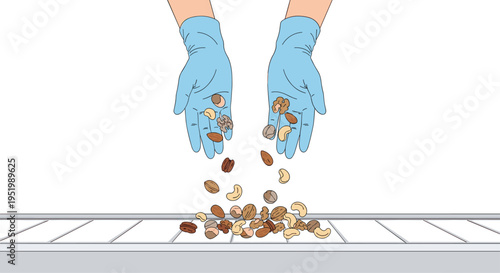 A pair of light blue-gloved hands drops a variety of nuts onto a grey conveyor belt.