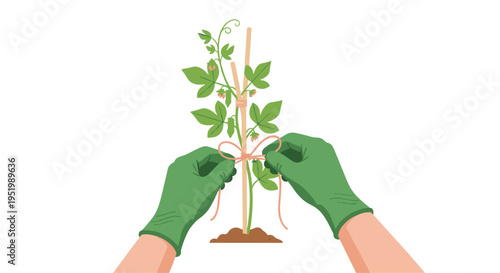 A pair of green-gloved hands ties a pink ribbon around a small green plant with blossoms, supported by a wooden stake in soil.