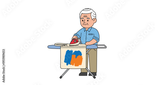 An elderly man with white hair and glasses irons a tote bag with blue and orange paint splatters on a grey ironing board.