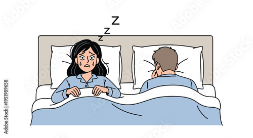 A distressed, crying woman lies awake in bed beside her sleeping partner, who has his back turned.