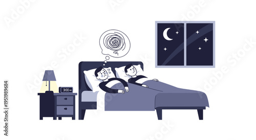 Two men lie in bed at night, one awake and distressed with a thought bubble, the other sleeping, beside a nightstand and window.
