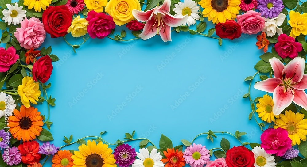 Fototapeta premium Floral Frame on Blue Background - Colorful Flowers and Copy Space.