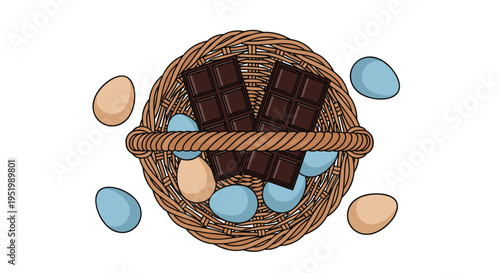 A brown wicker basket holds two dark chocolate bars and light blue and beige eggs, with more eggs scattered around it on a white background.