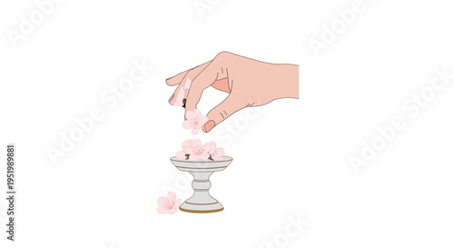 A hand gently places delicate pink cherry blossoms into a small silver pedestal bowl on a white surface.
