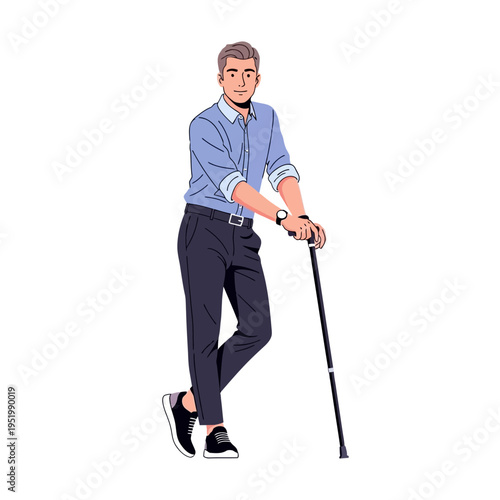Man with Cane Standing Confidently, Casual Business Attire, White Background