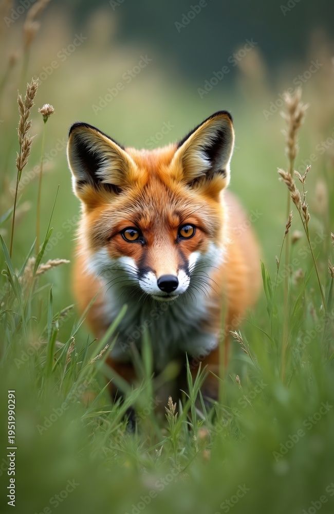 Naklejka premium Red fox emerges from tall green grass in field. Wild canine with orange fur and bushy tail looks forward, alertly. Animal gazes through meadow.