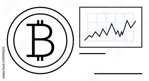 Cryptocurrency, blockchain, digital assets, trading, financial growth, investment trends. Bitcoin symbol next to an upward line graph. Cryptocurrency and trading concepts