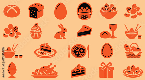 Easter food and holiday icons including eggs bread cake and bunny on orange background