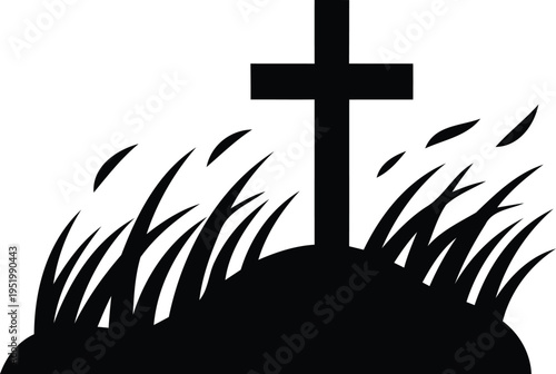 Simple grave with cross on hill and grass  symbol of mourning and remembrance