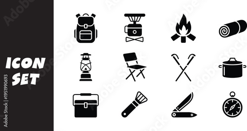 A diverse set of camping and outdoor adventure essentials icons