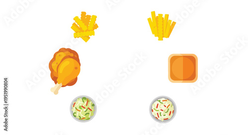 A vector illustration of two fast food meals, each featuring fries, a main dish (chicken or bun), and a side salad, on a white background.