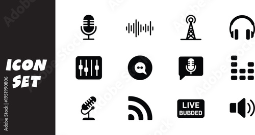 Collection of icons representing various audio and broadcasting functionalities