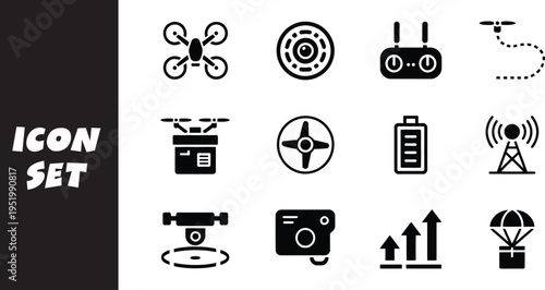 Collection of icons representing various drone-related technology and accessories