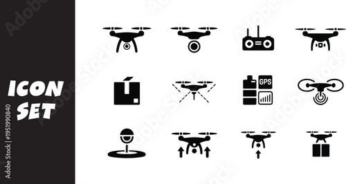 Collection of diverse drone and remote control icons in a set design