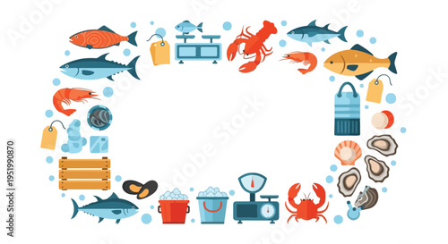 A colorful flat design illustration showcasing a variety of seafood, market tools, and price tags arranged in an oval frame with blue bubbles.