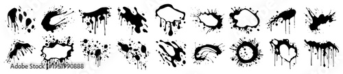 Ink Splatter and Paint Drips Vector Set, Black Grunge Stains and Spills Collection for Artistic Graphic Design