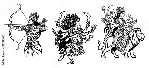 Hindu Deities Vector Collection, Rama with Bow, Goddess Durga on Lion and Kali Illustration, Indian Mythology Sacred Characters