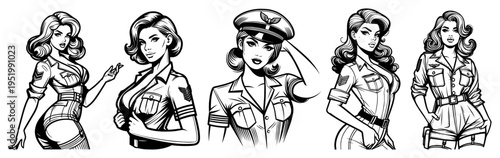Retro Military Pin-up Girls Vector Illustration, Sexy Women in Army Uniforms and Pilot Caps Collection