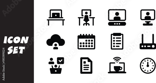Collection of black and white icons representing various office and technology themes