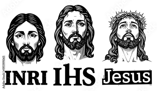 Jesus Christ Portraits with Religious Symbols INRI and IHS, Catholic Christian Savior Vector Illustration Set