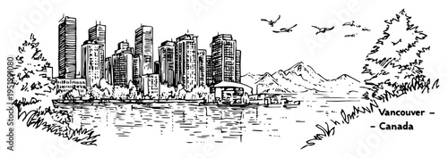 Vancouver Canada Cityscape Sketch with Skyline and Mountains, British Columbia Landmark Waterfront Vector Illustration