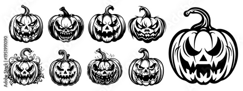 Halloween Pumpkin Jack-o'-Lantern Set, Spooky Evil Faces Vector Collection for Horror Holiday Decoration