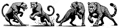 Powerful Cheetah and Leopard Action Vector Set, Fast Wild Cat Predator Hunting Poses Illustration Collection