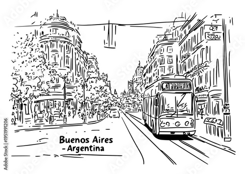 Buenos Aires Argentina Cityscape Sketch with Street View and Bus, South America Capital Landmark Vector Art