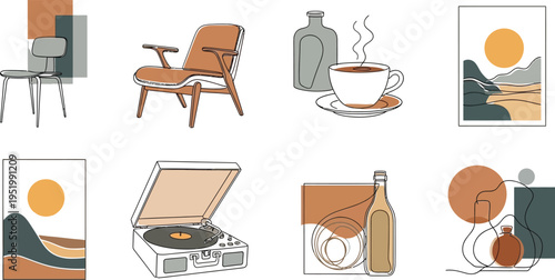 Retro home decor and music illustrations