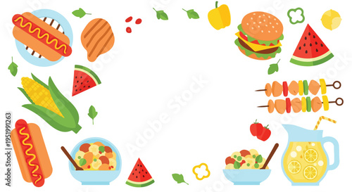 A colorful vector illustration of picnic and BBQ items like hot dogs, burgers, corn, watermelon, kebabs, and lemonade, framing a white center.