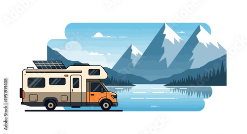 Motorhome parked by serene lake with mountains