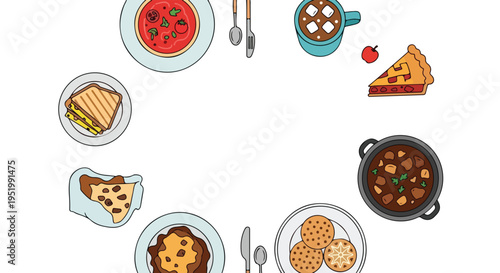 A cheerful circular layout of various comfort foods and drinks, including soup, hot chocolate, pie, sandwiches, stew, and cookies, all against a white background.