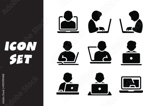 Collection of icons depicting various people using laptops in different scenarios