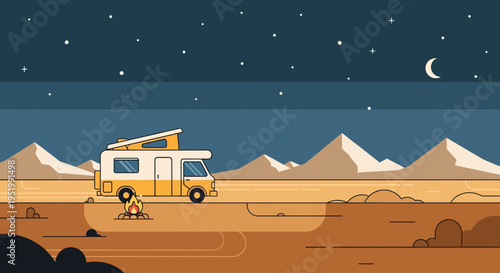 Motorhome parked desert night stars mountains